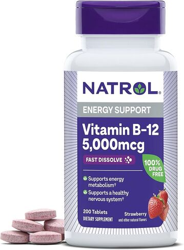 Natrol Vitamin B12 Fast Dissolve Tablets, Promotes Energy, Supports a Healthy Nervous System, Maximum Strength, Strawberry Flavor, 5,000mcg, 100 Count in Saudi Arabia