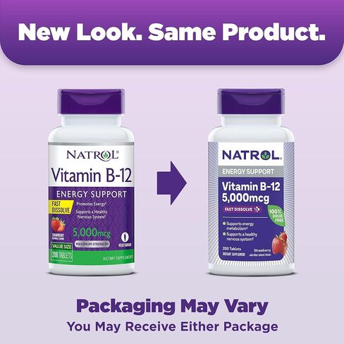 Natrol Vitamin B12 Fast Dissolve Tablets, Promotes Energy, Supports a Healthy Nervous System, Maximum Strength, Strawberry Flavor, 5,000mcg, 100 Count in Saudi Arabia