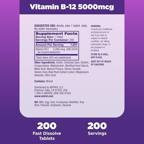 Natrol Vitamin B12 Fast Dissolve Tablets, Promotes Energy, Supports a Healthy Nervous System, Maximum Strength, Strawberry Flavor, 5,000mcg, 100 Count in Saudi Arabia