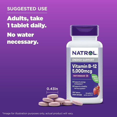Natrol Vitamin B12 Fast Dissolve Tablets, Promotes Energy, Supports a Healthy Nervous System, Maximum Strength, Strawberry Flavor, 5,000mcg, 100 Count in Saudi Arabia