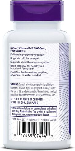 Natrol Vitamin B12 Fast Dissolve Tablets, Promotes Energy, Supports a Healthy Nervous System, Maximum Strength, Strawberry Flavor, 5,000mcg, 100 Count in Saudi Arabia