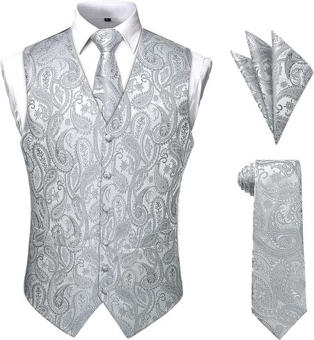 Enlision Mens Vest Tie Set Paisley Vest and Necktie Pocket Square 3pc Formal Dress Waistcoat for Suit or Tuxedo in Kuwait