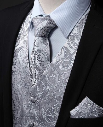 Enlision Mens Vest Tie Set Paisley Vest and Necktie Pocket Square 3pc Formal Dress Waistcoat for Suit or Tuxedo in Kuwait