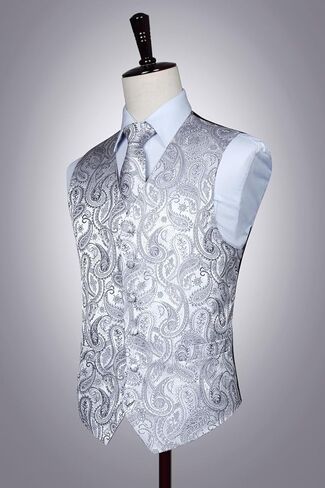 Enlision Mens Vest Tie Set Paisley Vest and Necktie Pocket Square 3pc Formal Dress Waistcoat for Suit or Tuxedo in Kuwait