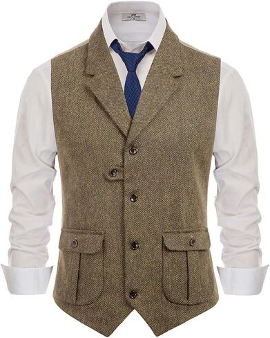 PJ PAUL JONES Mens Western Herringbone Suit Vest Tweed Wool Blend Slim Fit Waistcoat in Saudi Arabia
