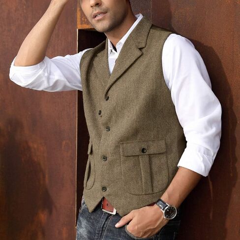 PJ PAUL JONES Mens Western Herringbone Suit Vest Tweed Wool Blend Slim Fit Waistcoat in Saudi Arabia