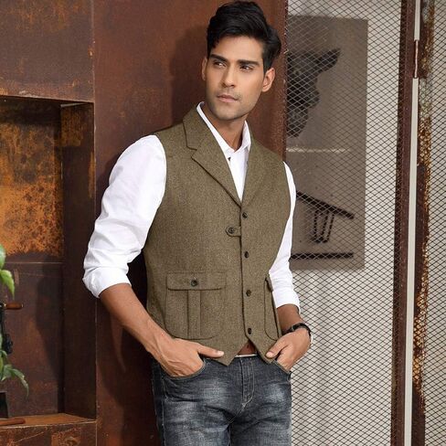 PJ PAUL JONES Mens Western Herringbone Suit Vest Tweed Wool Blend Slim Fit Waistcoat in Saudi Arabia
