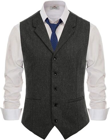 PJ PAUL JONES Mens Western Herringbone Suit Vest Tweed Wool Blend Slim Fit Waistcoat in Saudi Arabia
