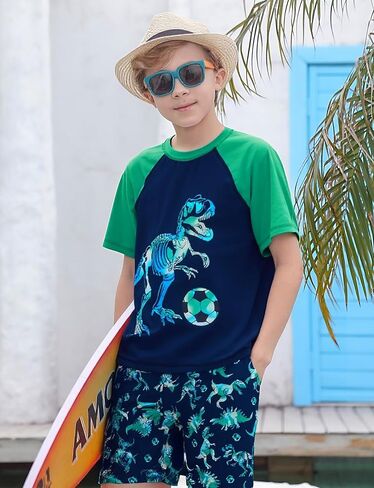Boys Short Sleeve Rash Guard Swimsuit Set with Swim Trunks for 4-12 Years in Kuwait