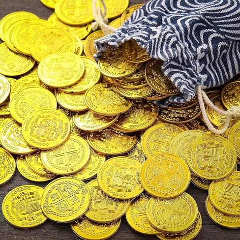 DINGION 100 PCS COLIS PLASTION GOLD COINS COINS PIRATE TOY TOOKENS TREASITE CONINS CONS CONSLAY HOWRATIONS DOPBLOONS الإسبانية لألعاب الطاولة. in Kuwait