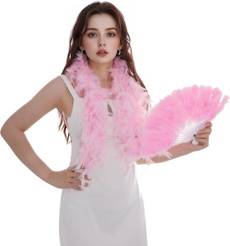 Mardi Gras Feather Boa مع Fan Feather Boa for Women for Mardi Gras Firms Plass Retro Dancing حفل زفاف in Kuwait