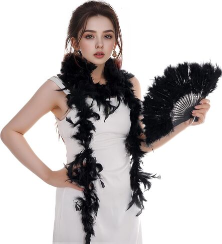 Mardi Gras Feather Boa مع Fan Feather Boa for Women for Mardi Gras Firms Plass Retro Dancing حفل زفاف in Kuwait