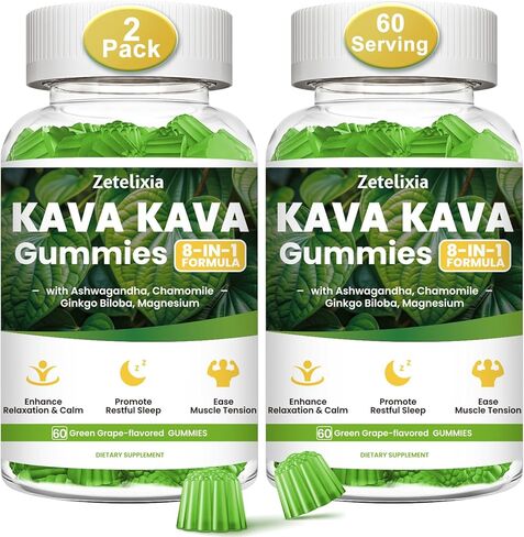2 Pack Kava Kava Gummies, Kava Kava Root Extract Supplement with Kavalactones, Calm Gummies for Stress Relief & Better Sleep, Melatonin Free, Sugar Free, Vegan, Non-GMO, Green Grape Flavor, 120 count in Saudi Arabia