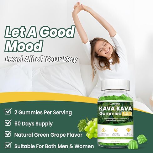 2 Pack Kava Kava Gummies, Kava Kava Root Extract Supplement with Kavalactones, Calm Gummies for Stress Relief & Better Sleep, Melatonin Free, Sugar Free, Vegan, Non-GMO, Green Grape Flavor, 120 count in Saudi Arabia