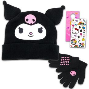SANRIO Kuromi Hat and Mittens Set Winter Gear Bundle with Beanie, Mittens, Stickers, More | Kuromi Gifts for Girls, Kids