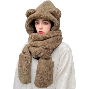 Women Cute Bear Hooded Hat Scarf Gloves Set 3-in-1 Earflap Animal Hat Plush Warm Hooded Scarf with Mittens