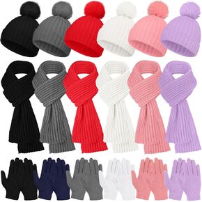 Suhine 6 Set Kids Winter Hat Gloves Scarf Set Warm Kids Knit Pom Beanie Hat Snow Gloves Neck Warmer Scarves Unisex Cold Weather Cap Full Fingers Knitted Ski Mittens Gloves for Boys and Girls Gift