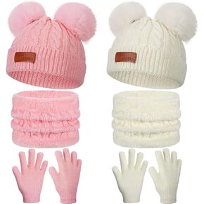 2 Set Kids Winter Hat Scarf Gloves Set Warm Toddler Knit Beanies Gloves Neck Warmer Set for Boys Children Girls (White, Pink)