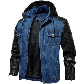 INVACHI Men's Denim Jacket Patchwork Faux Leather Motorcycle Jacket Slim Fit Biker Coat With Stand Collar