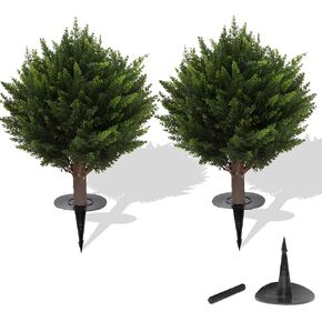 AUMMOOH Boxwood Artificial Cedar Topiary Ball Trees – Decorative Fake Greenery in Planter Pots for Front Porch, Outdoor Walkway, Entryway Decorating, Set of 2