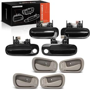 A-Premium Interior & Exterior Door Handles Compatible with 1998-2002 Toyota Corolla & Chevy Prizm, Pack of 8, Front and Rear Driver and Passenger Side, Smooth Black & Gray Handle