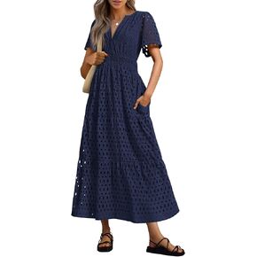 PRETTYGARDEN Womens 2025 Summer Maxi Dress Short Sleeve V Neck Hollow Out Eyelet A Line Long Flowy Beach Vacation Dresses