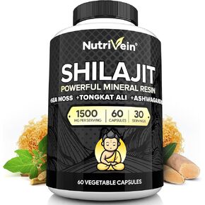 Nutrivein Premium Pure Himalayan Shilajit للرجال والنساء - 1500 ملغ - 60 كبسولة - مستخلص راتنج قوي ممزوج مع طحلب البحر الأيرلندي ، تونغكات علي ، وآشواغاندا - الحيوية ، والوضوح ، والأداء
