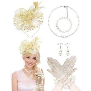 Fascinator Hat for Women Tea Party Hats Mesh Veil Headband Tea Party Headpiece and Lace Glove Set for Women 1920s Party