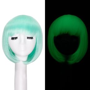 White Bob Wig with Bangs 10inch Short Glow in the Dark Wig Synthetic Straight Glueless Wigs for Cosplay Party Carnival