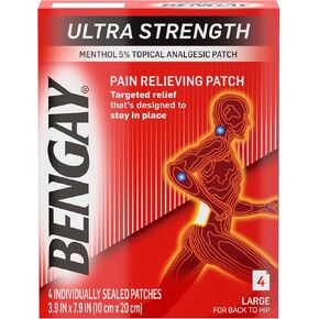 Ultra Strength Bengay Pain Relief Patches, Large Topical Analgesic Menthol Patches for Muscle & Joint Pain Due to Backaches, Minor Arthritis, Sprains, & Strains, 3.9 x 7.9 inches, 4 Count