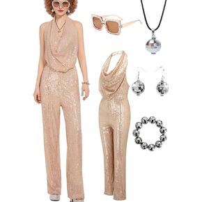 70s Disco Outfit Woman Sequin Backless Disco Jumpsuit Costume Outfits for Women with Disco Ball Accessories
