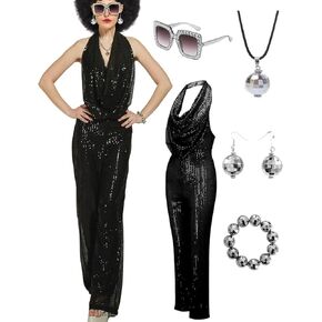 70s Disco Outfit Woman Sequin Backless Disco Jumpsuit Costume Outfits for Women with Disco Ball Accessories in Kuwait