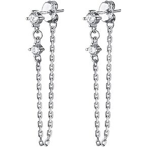 Reffeer Sterling Silver Chain Dangle Earrings for Women Teens CZ Chain Drop Earrings Studs