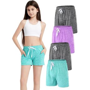 4 Pack Girls Athletic Shorts Dry-Fit Basketball Shorts with Pockets,Girls Running Shorts for Kids Gym Soccer