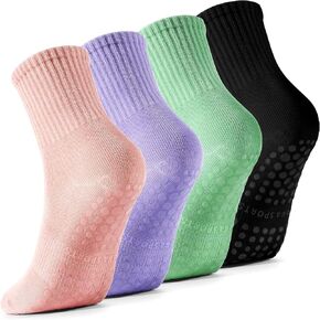 4 Pairs Pilates Socks with Grips for Women, Barre Yoga Grippy Socks, Womens Non Slip Pilates Crew Sticky Socks