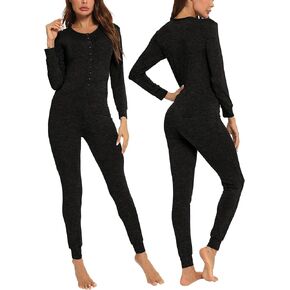 LecGee Womens Onesie Pajama Jumpsuits Adult One Piece Sleepwear Button Bodysuit Modal Underwear Set Long Sleeve Union Suit