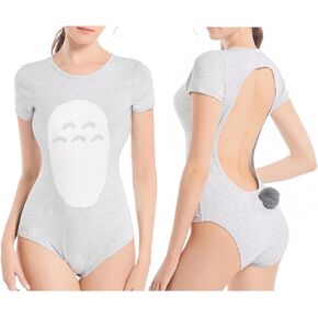 Womens Onesie Cotton Pajamas Print Backless Bodysuit Tops Plus Size Romper for Women Open Back Sleepwear