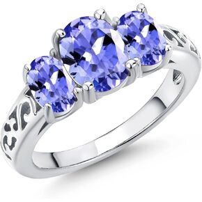 GEM Stone King 2.06 CTTW 925 Sterling Silver Blue Tanzanite Filigree Style 3-Stone Ring | بيضاوي 8x6mm و 6x4mm | 3 حجر زفاف المشاركة في الذكرى السنوية خاتم للنساء