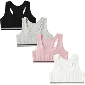 Girls Sports Bra Unpadded Crop Top Cotton Pack of 4, Grey, Black, White and Pink