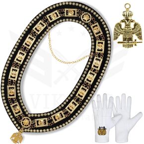 32nd Degree Masonic Scottish Rite Collar – Gold-Plated with Rhinestones, Jewel & Black Backing | Wings Down Design | Includes Free Cotton Gloves