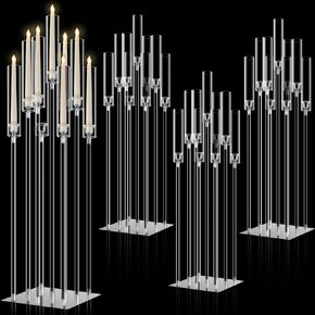 Tessco 4 Set 9 Arm Arm Candelabra Candle Holder 42.5 '' Clear Candelabra Menceds for Wedding ، Holder Candlesticks with Gsher Metel Mirror Base for Wedding Christmas Decor