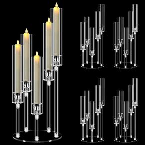 4 Set 5 Arm Acrylic Candle Holder, Mjkeomo 22 Tall Candelabra Centerpieces for Tables Clear Candlesticks Holder with Lampshade for Housewarming Gift Fireplace Dinner Decor Fit 0.87'' LED Candle