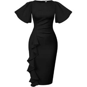 Memoriesea Women's Basic Vintage Ruffle Sleeve Ruched Bodycon Work Midi Pencil Dress