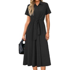 Newshows Womens Wear to Work Long Dresses Tie Waist Shirt Dress Business Casual Outfits Office Attire with Pockets
