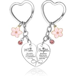 Mom Gifts from Daughter 2pcs Pink Flower Rhinestone Charm Mother&Daughter Heart Matching Keychain for Mother’s Day Birthday Gifts