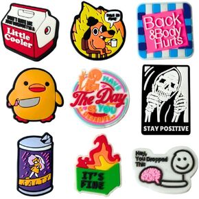 9PC Funny Shoe Charms Fun Cute Cool Meme Shoes Sarcastic Anime Cartoon Humor Charm for Adults Men Women Girls Boys Teen Dumpster Fire This is Fine Dog Duck Little Cooler Skeleton Accessories Gifts