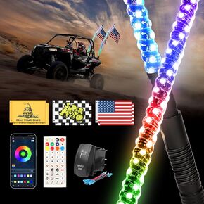 2pcs 3ft lights for utv/atv/rzr/jeep مع قاعدة زنبركية ، مفتاح الروك و 6 أعلام ، دوامة RGB LED خفيفة جنبًا