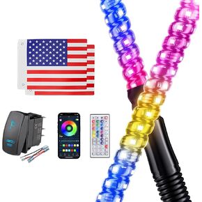 2 pcs 3ft مصابيح سوط مع قاعدة الربيع ， التطبيق والتحكم عن بعد مصابيح السوط LED لجانب جنبا إلى جنب ، حلزوني مطار