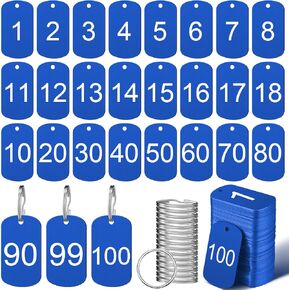 100 PCS علامات رقم الألومنيوم مع حلقات المفاتيح رقم 1-100 علامات مفتاح معدني لتحديد هوية فندق Lochers House House (Red)