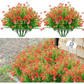 Artificial Plants Flowers for Outdoors, Fake Flowers UV Resistant, No Fade Plastic Flower for Spring, Summer Season Decoration, for Pot, Porch, Window Box, Planter, Garden Decor(12 Bundles,Red)